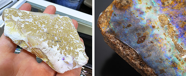 Figure 2. Opal rough from Pedro II shows that opal can occur in veins in the host sedimentary rocks (left) or as thin layers attached to intrusive dikes (right). The sedimentary rocks have a light color, while the dikes are darker. Photos by Tao Hsu (left) and Robert Weldon (right); courtesy of Prime Gems. Figure 2. Opal rough from Pedro II shows that opal can occur in veins in the host sedimentary rocks (left) or as thin layers attached to intrusive dikes (right). The sedimentary rocks have a light color, while the dikes are darker. Photos by Tao Hsu (left) and Robert Weldon (right); courtesy of Prime Gems.