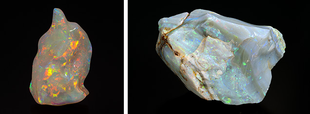 Figure 3. High-quality opal from Brazil shows extremely vivid play-of-color. Some are of transparent light gray to white bodycolor such as this 132.3 ct freeform (left), while others have darker bodycolor (right). Photos by Robert Weldon; courtesy of Prime Gems. Figure 3. High-quality opal from Brazil shows extremely vivid play-of-color. Some are of transparent light gray to white bodycolor such as this 132.3 ct freeform (left), while others have darker bodycolor (right). Photos by Robert Weldon; courtesy of Prime Gems.