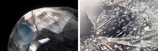 Figure 2. A rare gem-quality viitaniemiite shows angular growth (left) and a plane of irregular two-phase inclusions (right). Photomicrographs by Suwasan Wongchacree; fields of view 6.51 mm (left) and 2.32 mm (right).