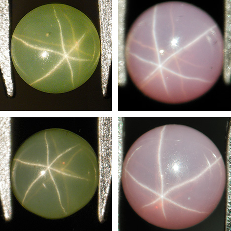 Light yellowish green sapphire and pink sapphire, both with dual-color double asterism, before and after grinding and repolishing Light yellowish green sapphire and pink sapphire, both with dual-color double asterism, before and after grinding and repolishing