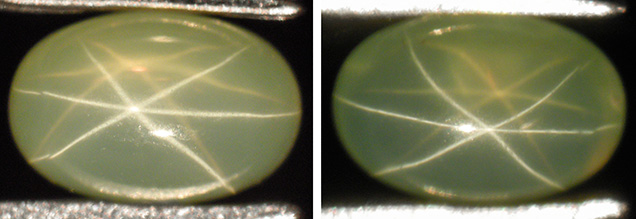 Light yellowish green sapphire with dual-color double asterism, before and after grinding and repolishing Light yellowish green sapphire with dual-color double asterism, before and after grinding and repolishing