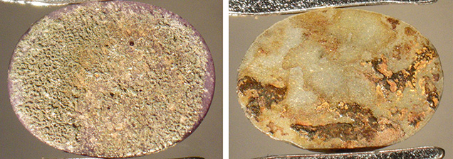 Inhomogeneous crusts of iron-bearing compounds on base of purple sapphire and grayish green sapphire Inhomogeneous crusts of iron-bearing compounds on base of purple sapphire and grayish green sapphire