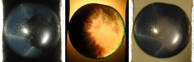 Linde synthetic blue sapphire with pronounced color zoning and asterism, shown with different backgrounds Linde synthetic blue sapphire with pronounced color zoning and asterism, shown with different backgrounds