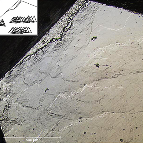 Pits and lines on the HPHT synthetic’s surface, along with a growth structure simulation. Pits and lines on the HPHT synthetic’s surface, along with a growth structure simulation.