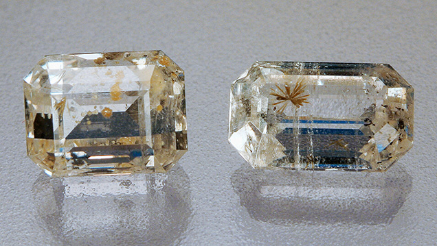 Phenakite with tusionite (left, 1.77 ct) and perettiite-(Y) inclusions (right, 2.31 ct).