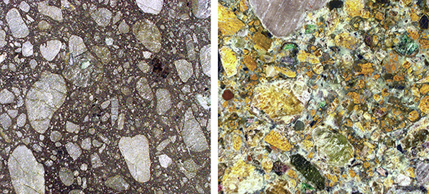 Figure A-1. Images of kimberlite textures. Left: Hypabyssal kimberlite from the Grizzly 3 kimberlite, Canada (field of view 7.62 cm). Right: Volcaniclastic kimberlite from the Victor North kimberlite, Canada (field of view 7.62 cm). Photos by Steve Shirey.