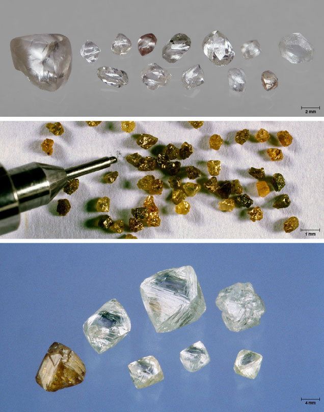 Diamonds from Suriname (top), French Guiana (middle), and Guaniamo, Venezuela (bottom). Diamonds from Suriname (top), French Guiana (middle), and Guaniamo, Venezuela (bottom).