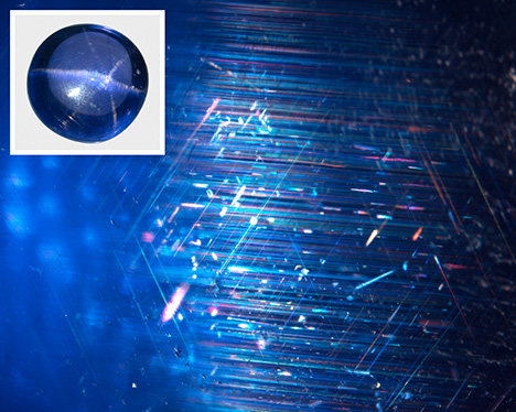 Six-rayed asterism produced by intersecting sets of parallel needle inclusions. Six-rayed asterism produced by intersecting sets of parallel needle inclusions.