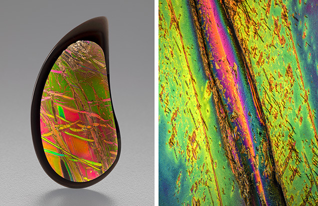 Left: 75.58 ct, 47.5 × 38.9 mm. Right: field of view 8.95 mm. Left: 75.58 ct, 47.5 × 38.9 mm. Right: field of view 8.95 mm.