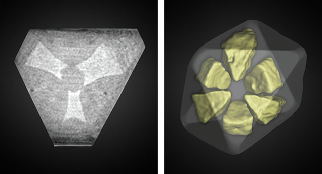 Figure 4. Left: μ-CT cross section of the 8.57 ct diamond. Asteriated growth sectors are observed following the crystallographic directions. While the cloud sectors appear solid, they are actually composed of microscopic inclusions. Right: 3D rendering of the segmented μ-CT image highlighting the asteriated sectors in yellow within the semitransparent diamond.