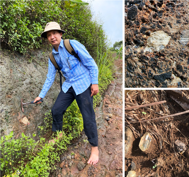 Figure 3. Nodules of anorthoclase were discovered in massive basalt by the lead author in sizes up to 22 cm (A), 6 cm in vesicular basalt (B), and 4 cm as fragments in alluvial deposits (C). Photos by Pham Minh Tien. Figure 3. Nodules of anorthoclase were discovered in massive basalt by the lead author in sizes up to 22 cm (A), 6 cm in vesicular basalt (B), and 4 cm as fragments in alluvial deposits (C). Photos by Pham Minh Tien.
