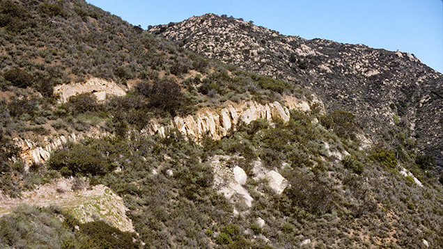 Figure 5. The light-colored rock is the outcrop exposure of a cross section of the westward-dipping Stewart pegmatite dike, located north of the small town of Pala in northern San Diego County, California. Photo by James E. Shigley.