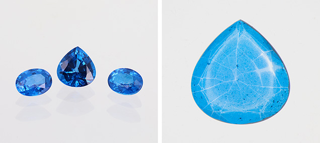 Figure 1. Left: Sapphires, weighing 1.43, 1.55, and 2.65 ct, diffused with cobalt and zinc, which formed a surface layer of blue spinel. Right: The 2.65 ct sample in immersion with brightfield illumination showing the typical spiderweb effect of diffused stones. Photos by Féodor Blumentritt. Figure 1. Left: Sapphires, weighing 1.43, 1.55, and 2.65 ct, diffused with cobalt and zinc, which formed a surface layer of blue spinel. Right: The 2.65 ct sample in immersion with brightfield illumination showing the typical spiderweb effect of diffused stones. Photos by Féodor Blumentritt.