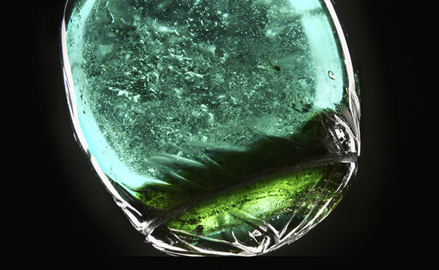 Figure 2. The assemblage appears as two carved pieces attached to the setting with a green cement. Colorless gas bubbles can be observed, an indication that this piece is not what it seems. Photomicrograph by Ezgi Kiyak; field of view 21.2 mm. Figure 2. The assemblage appears as two carved pieces attached to the setting with a green cement. Colorless gas bubbles can be observed, an indication that this piece is not what it seems. Photomicrograph by Ezgi Kiyak; field of view 21.2 mm.