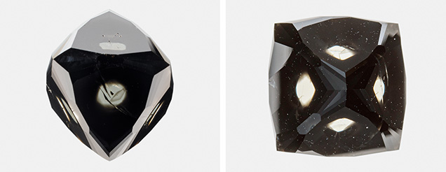 Figure 2. As seen from each main facet, this 13.89 ct natural diamond displays black cloud inclusion sectors with clear openings in the center. Photos by Annie Hayes.