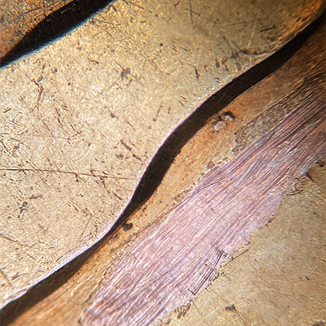 Figure 1. In this gold-plated rose gold item submitted as 14K, the rose gold base tested 9K and the yellow gold layer tested 13.5K. Photo by Carlos Bautista. Figure 1. In this gold-plated rose gold item submitted as 14K, the rose gold base tested 9K and the yellow gold layer tested 13.5K. Photo by Carlos Bautista.
