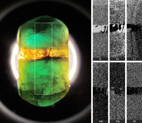 Pill-shaped emerald contains a band of citrine.