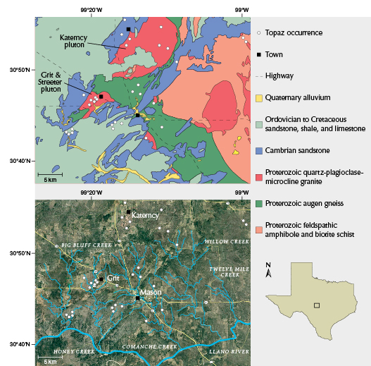 Figure 4. Geologic map (top) and aerial view (bottom) of the Mason County area in Texas, showing known locations where topaz has been collected in alluvium. While many Texas topaz occurrences have been discovered historically, these maps document those that have been published (Leiper, 1951; Towner, 1968, 1969; Fechenbach, 1984). The geologic map is modified from the Geologic Database of Texas (https://txpub.usgs.gov/txgeology). Figure 4. Geologic map (top) and aerial view (bottom) of the Mason County area in Texas, showing known locations where topaz has been collected in alluvium. While many Texas topaz occurrences have been discovered historically, these maps document those that have been published (Leiper, 1951; Towner, 1968, 1969; Fechenbach, 1984). The geologic map is modified from the Geologic Database of Texas (https://txpub.usgs.gov/txgeology).
