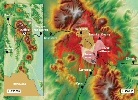 Figure 5. Maps of the Slanské vrchy Mountains and the Zlatá Baňa stratovolcano showing the position of the locality. The translucent white shape represents the Červenica I protected deposit area for opal. Figure 5. Maps of the Slanské vrchy Mountains and the Zlatá Baňa stratovolcano showing the position of the locality. The translucent white shape represents the Červenica I protected deposit area for opal.