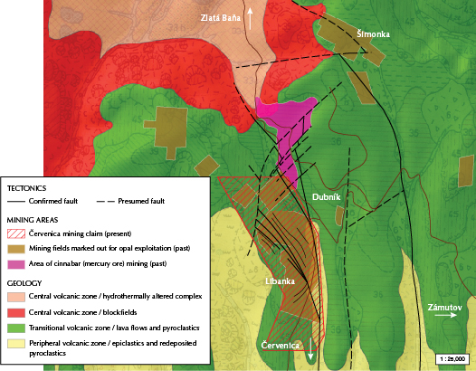 Figure 6. Geological map of the area where opal mineralization occurs. Figure 6. Geological map of the area where opal mineralization occurs.
