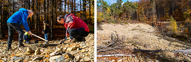 Figure 9. Left: The author opal hunting (with Jozef Čurík in the blue parka) on the heap of the Viliam drainage adit (Libanka mine). Right: Part of the heap of the Viliam drainage adit. Photos by Slavomír Krestian; courtesy of Slovenské opálové bane Ltd. Figure 9. Left: The author opal hunting (with Jozef Čurík in the blue parka) on the heap of the Viliam drainage adit (Libanka mine). Right: Part of the heap of the Viliam drainage adit. Photos by Slavomír Krestian; courtesy of Slovenské opálové bane Ltd.