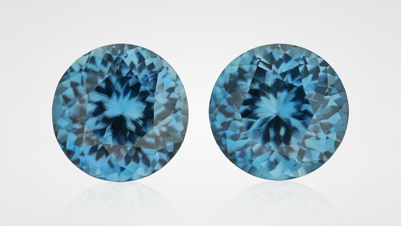 Blue zircon from the Ratanakiri deposit in Cambodia, each measuring 8.8 mm. Photo by Orasa Weldon; courtesy of Tim Roark, Inc Blue zircon from the Ratanakiri deposit in Cambodia, each measuring 8.8 mm. Photo by Orasa Weldon; courtesy of Tim Roark, Inc