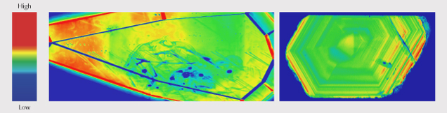Figure 15. Photoluminescence (PL) false-color maps displaying changes in the area of the ~694 nm PL band revealed growth zoning patterns in sapphires related to differences in chromium concentrations with maximum peak areas in red and minimum in blue. Complex zoning in a faceted French Bar sill sapphire (RK-FBS 041, left) and a rough Missouri River sapphire (AC325, right) showing distribution of Cr3+ luminescence marking the hexagonal growth patterns.