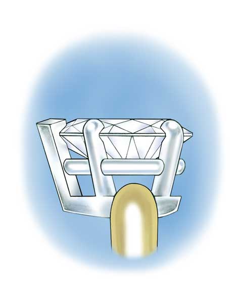 Side view illustration of a pear-shaped center stone set in a five-prong platinum setting. Side view illustration of a pear-shaped center stone set in a five-prong platinum setting.