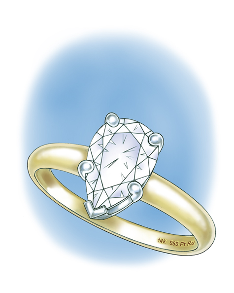Perspective view illustration of a pear-shaped center stone set in a five-prong platinum setting. Perspective view illustration of a pear-shaped center stone set in a five-prong platinum setting.