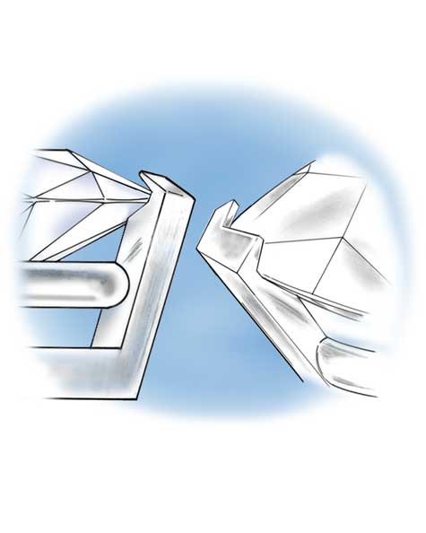 Close-up illustration of a v-prongs that is raised up above the stone. Close-up illustration of a v-prongs that is raised up above the stone.
