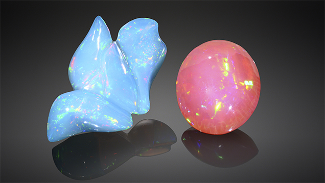 These two opals were represented as natural-color blue and pink opal from Mexico. These two opals were represented as natural-color blue and pink opal from Mexico.