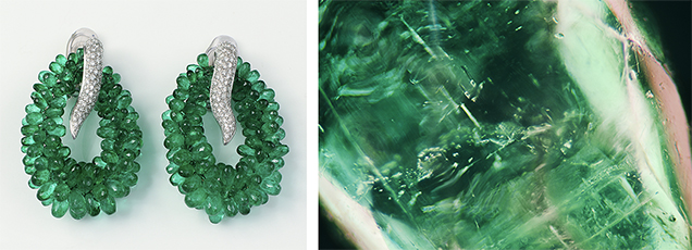 Left: The drilled green briolettes. Right: Fluid inclusions, crystals, and two-phase inclusions. Left: The drilled green briolettes. Right: Fluid inclusions, crystals, and two-phase inclusions.