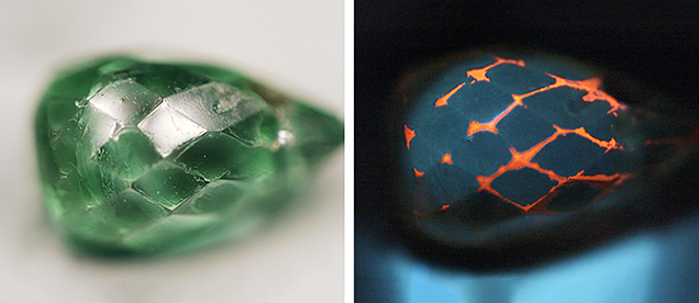DiamondView imaging showed where the coating had been worn away at the facet junctions. DiamondView imaging showed where the coating had been worn away at the facet junctions.