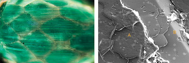 Left: The concentrated green areas of the coating are seen using magnification with diffused illumination. Right: An SEM image from the specimen. Left: The concentrated green areas of the coating are seen using magnification with diffused illumination. Right: An SEM image from the specimen.
