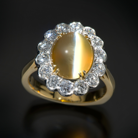 This chrysoberyl ring features a very fine cat’s-eye, which visually divides the cabochon in half and reflects a light and dark color called “milk and honey.” These attributes make the cat’s-eye chrysoberyl a collector gemstone. Courtesy Richard Krementz Gemstones. Photo by Robert Weldon/GIA