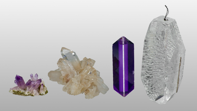 Natural and synthetic amethyst and synthetic rock crystal quartz crystal