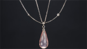 This faceted rose quartz briolette weighs 18.29 carats. Its pastel colour is a lovely example of the soft pink this gem is known for. - Robert Weldon, courtesy The Greenwood Group