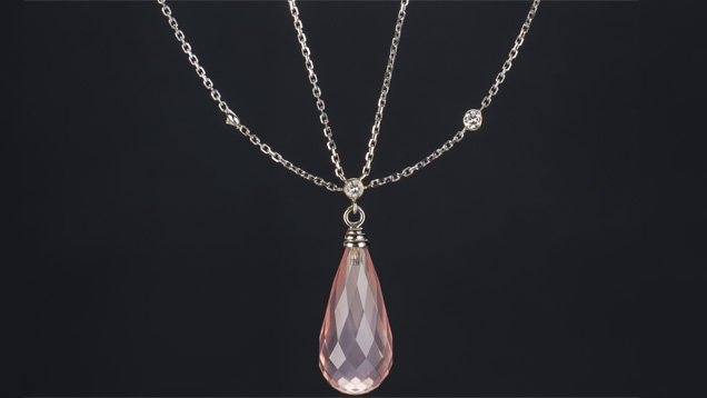 This faceted rose quartz briolette weighs 18.29 carats. Its pastel color is a lovely example of the soft pink this gem is known for. - Robert Weldon, courtesy The Greenwood Group