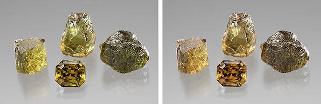 Garnets under daylight-equivalent (left) and incandescent light (right).