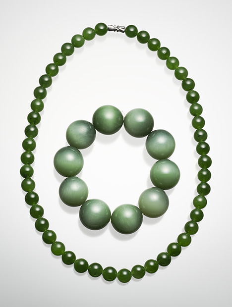 Green nephrite bead strand and bead bracelet from Pakistan and Siberia, respectively.