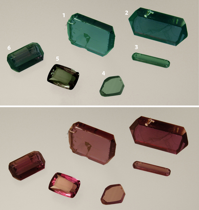 These rough and faceted synthetic alexandrites, grown by Creative Crystals Inc., are shown in daylight (blue-green) and incandescent light. Photo courtesy of K. Schmetzer; The Journal of Gemmology.