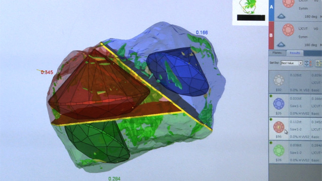 This complicated piece of rough was analyzed by the Sarin Galaxy 1000. Results showed that it could yield three diamonds while avoiding inclusions that would substantially lower value.