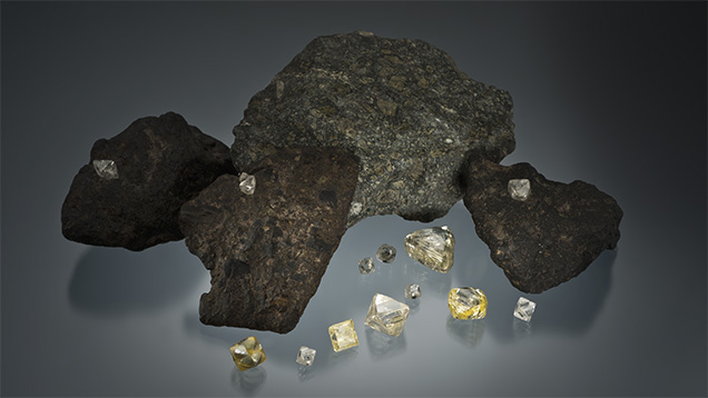 Archean cratons in South Africa have yielded gem diamonds such as these specimens from the GIA Museum’s Oppenheimer Student Collection. The loose crystals range from 1.24 to 22.32 ct. Photo by Orasa Weldon.