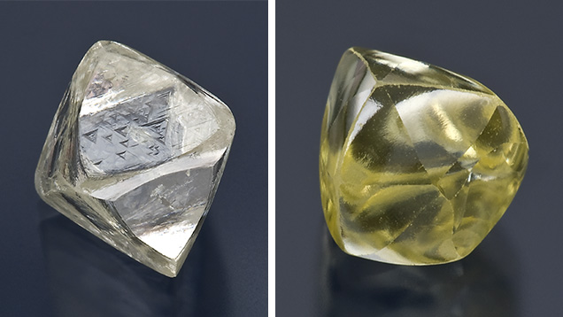 Figure 8. Comparison of natural diamond morphologies: a 15.96 ct euhedral octahedron (left) and a 4.82 ct rounded resorbed octahedron (right). Photos by Robert Weldon.