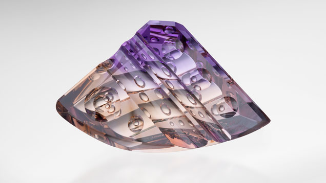 这颗巨大的 201.06 克拉紫黄晶产自玻利维亚。 由宝石设计师 Michael M. Dyber（迈克尔·M·戴伯尔）友情提供，摄影：Robert Weldon（罗伯特·韦尔登）/GIA