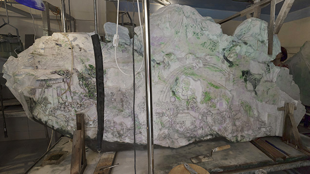 Large Shan Zi jadeite carving in initial phase