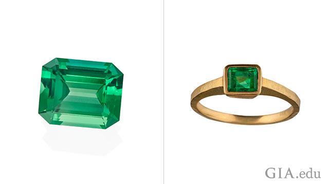 Two emerald shaped green gems. One loose and one set in a ring.