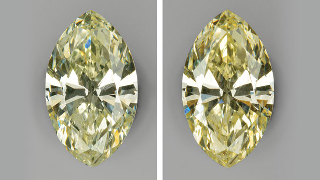 The chameleon diamond is shown before and after heating (left and right).