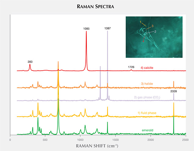 Figure 4. This Musakashi emerald clearly displays a gas bubble, a cubic crystal, two rounded colorless crystals, a tiny black crystal, and two tiny whitish rhombohedra. Raman spectroscopy was used to identify the host emerald (green), the CO2 gas bubble (purple), the square halide crystal (orange), and the smaller carbonate crystal (red). Photomicrograph by S. Saeseaw; brightfield illumination.