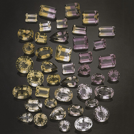 The rough output from the Anahi mine produces amethyst, citrine, and ametrine finished gems in a range of tone and color intensities. Photo © GIA and Tino Hammid.